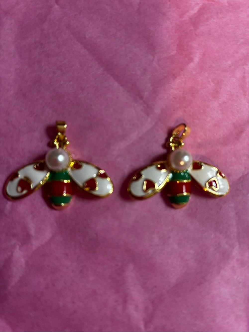 2 Gold Bee Charm Pendants with White, Red and Green Enamel